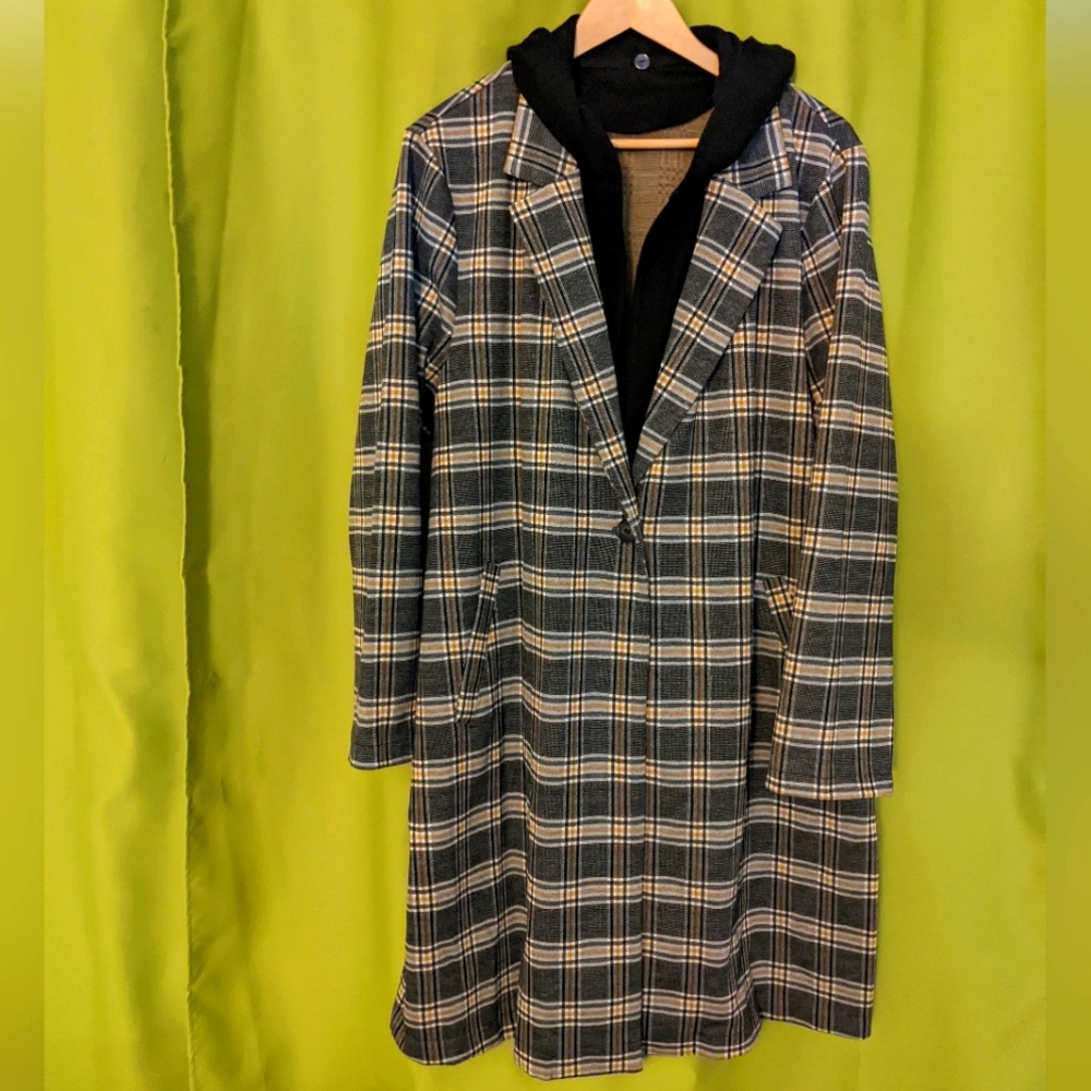 Melloday Plaid Trench Coat with Removable Hood